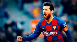 Messi saat merayakan golnya (AP Photo/Joan Monfort)