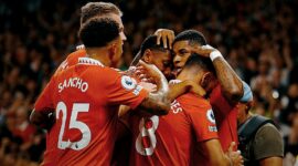 Selebrasi skuad Manchester United untuk gol Marcus Rashford ke gawang Liverpool, Premier League 2022/23 (c) AP Photo