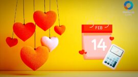 Konsep perencanaan anggaran dengan kalender dan kalkulator, menekankan budgeting tema Valentine