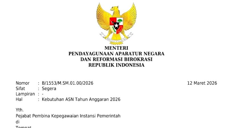 Surat MenPAN RB yang meminta semua kementerian dan lembaga menyiapkan kebutuhan ASN 2026.