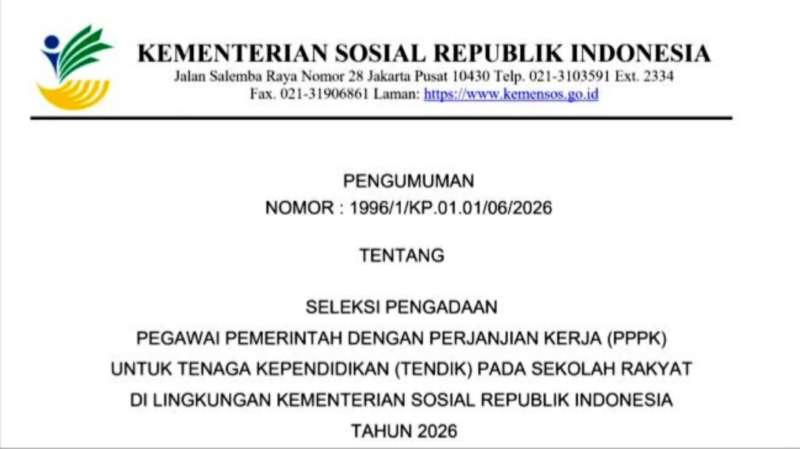 Rekrutmen PPPK Tenaga Kependidikan Sekolah Rakyat 2026 dibuka (Sumber: kemensos.go.id)
