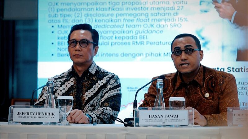 Kepala Eksekutif Pengawas Pasar Modal, Keuangan Derivatif, dan Bursa Karbon OJK Hasan Fawzi (kanan) bersama Direktur Utama Bursa Efek Indonesia Jeffrey Hendrik